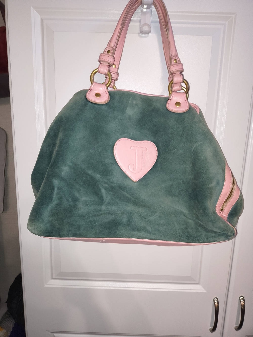 Juicy Couture Green Velvet Tote with Pink Leather Handles and Embroidered Crest - Picture 5 of 12